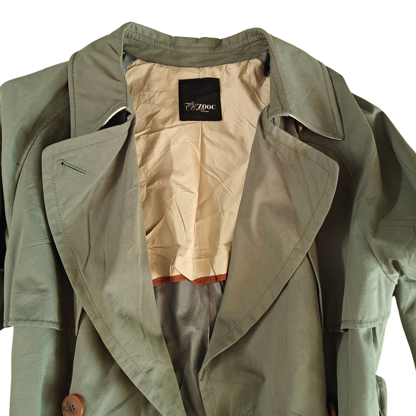 French Olive Green Trench Coat - Collar Closeup