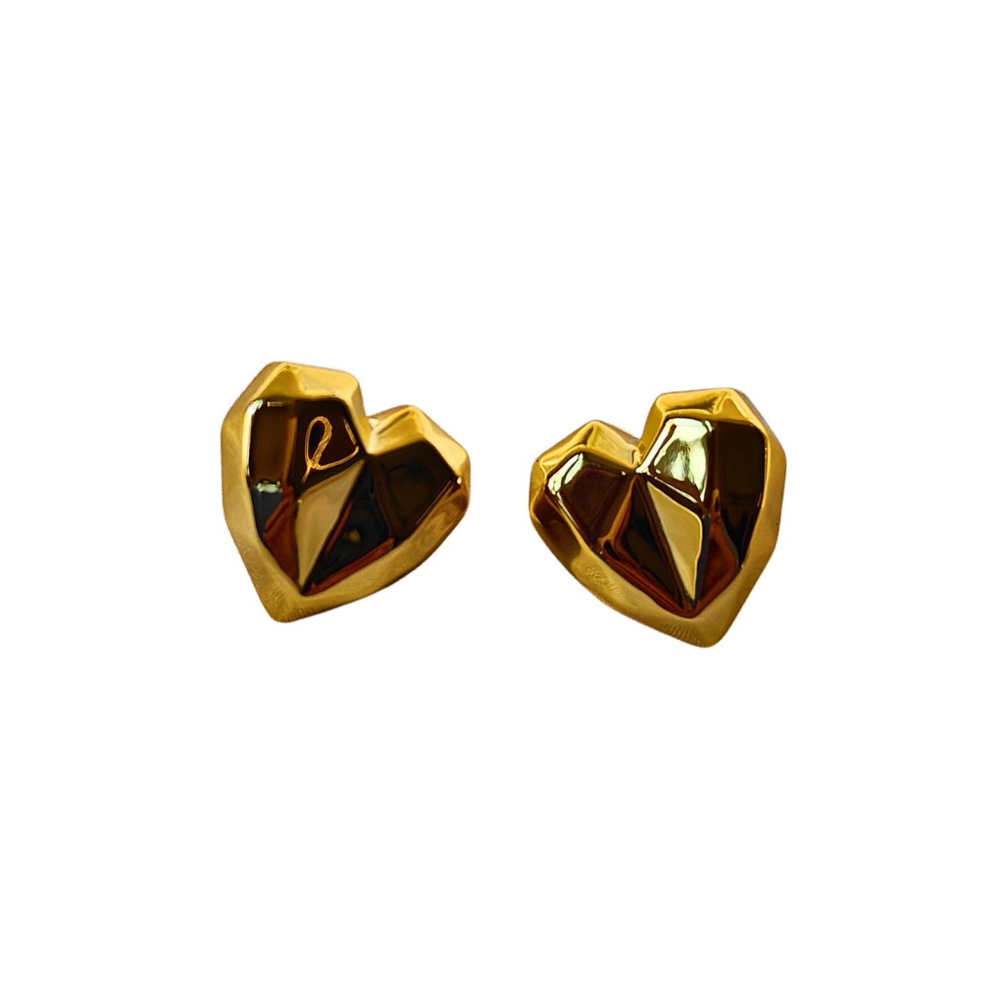 Gold tone geometric pattern tarnish free, hypoallergenic heart shaped studs