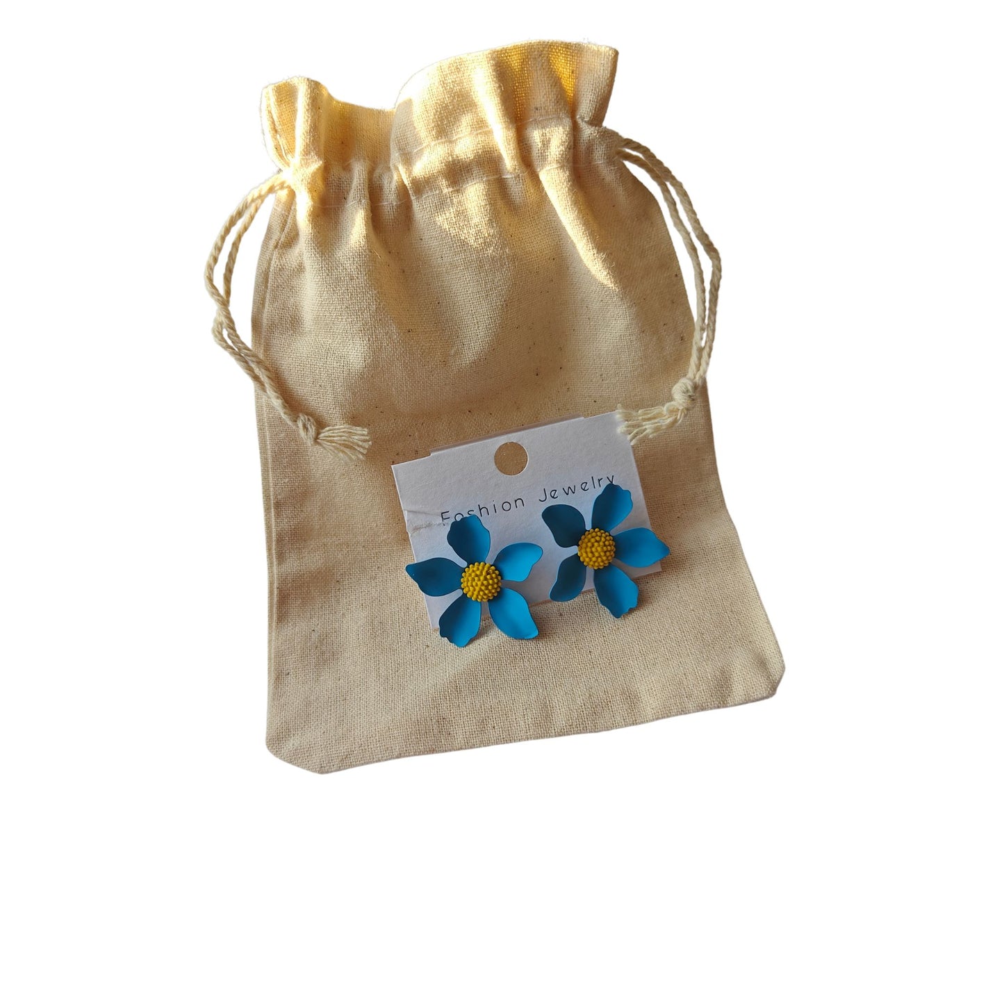 Blue Poppy Flower Stud Earrings with a jute pouch
