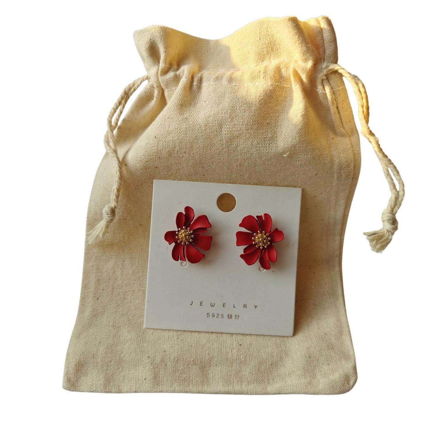 Red Poppy Flower Stud Earrings with Gold Pistils with a Jute ouch