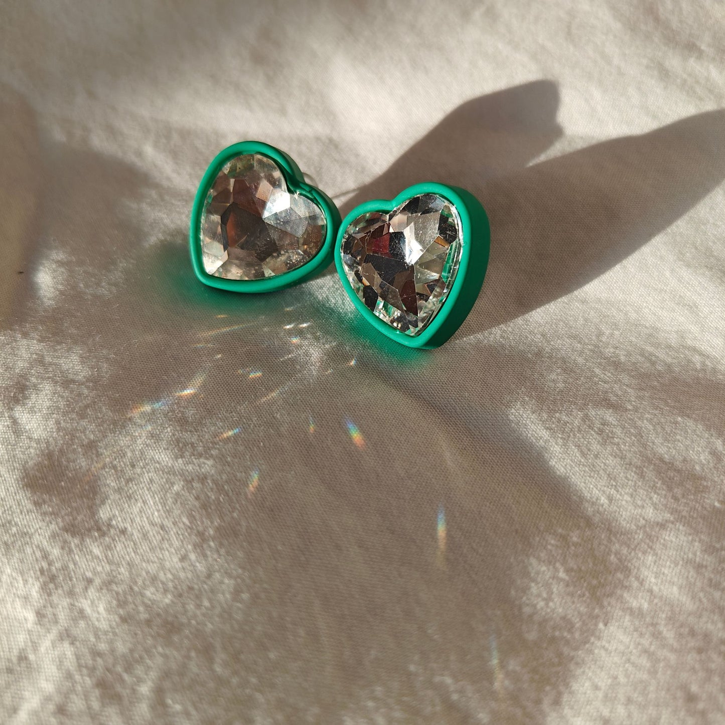 Green Halo Crystal Heart Statement Stud Earrings