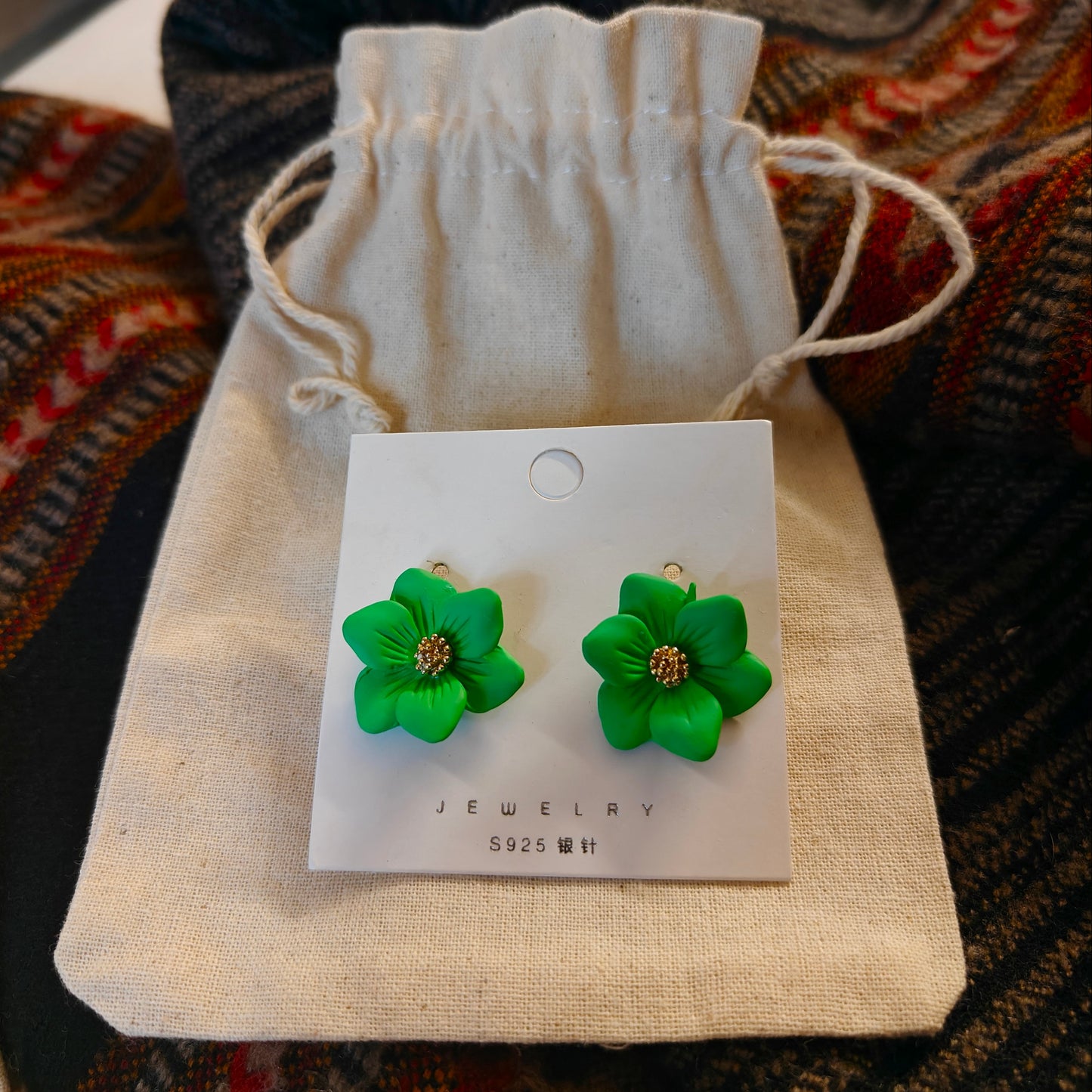 Green Zinnia Flower Stud Earrings with a jute pouch