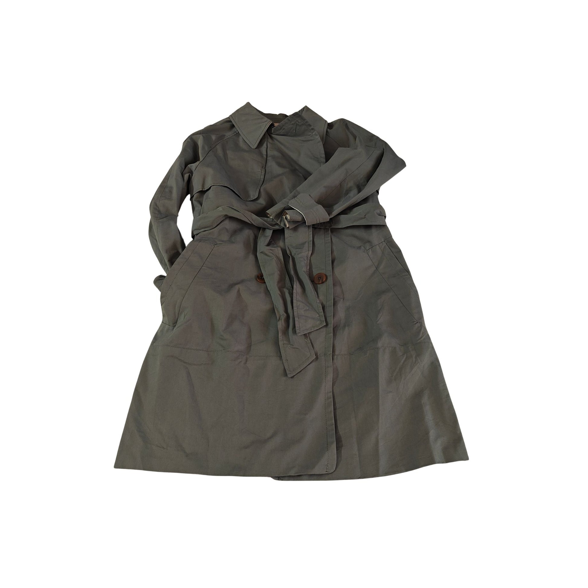 French Olive Green Trench Coat - Buttoned up