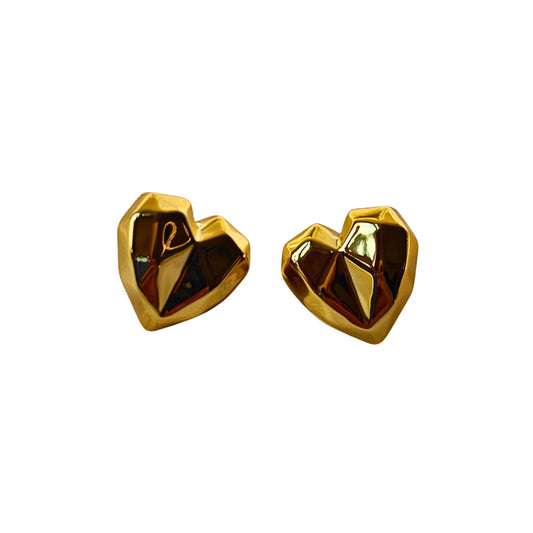 Gold tone geometric pattern tarnish free, hypoallergenic heart shaped studs
