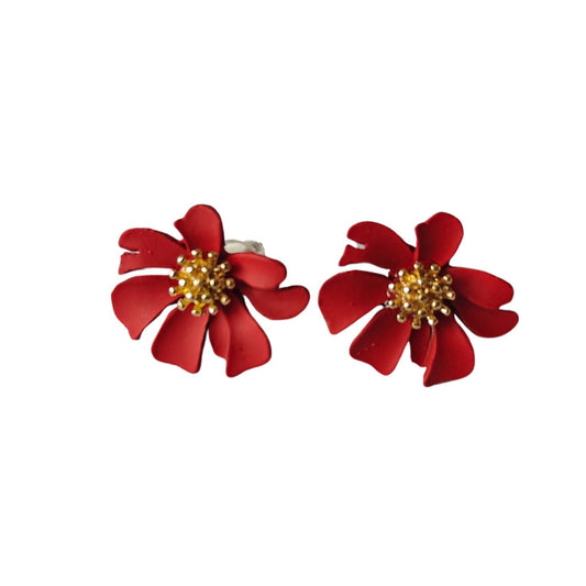 Red Poppy Flower Stud Earrings with Gold Pistils