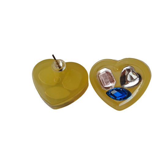 Heart Collage Statement Stud Earrings - Yellow
