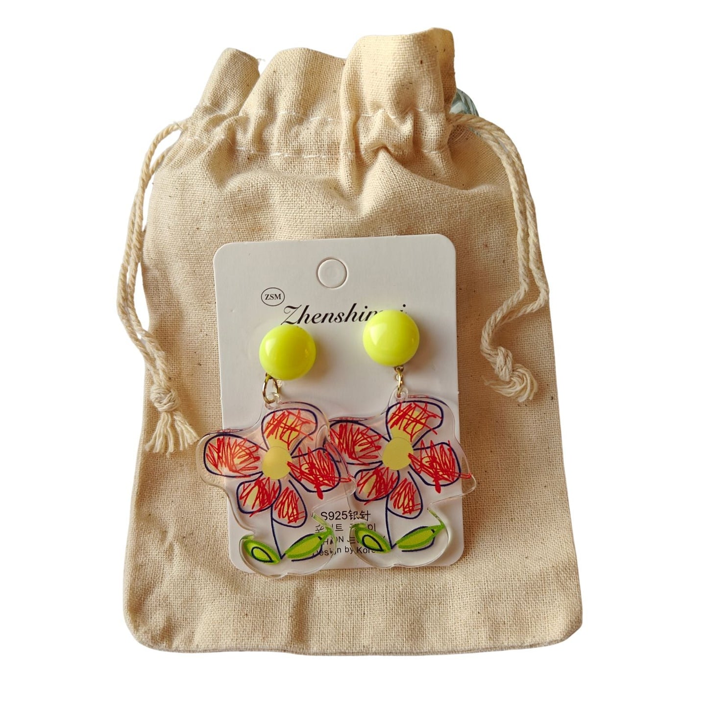 GoodArtBadArt Flower Graffiti Dangler Earrings (red & Lime Green) with a Jute Pouch