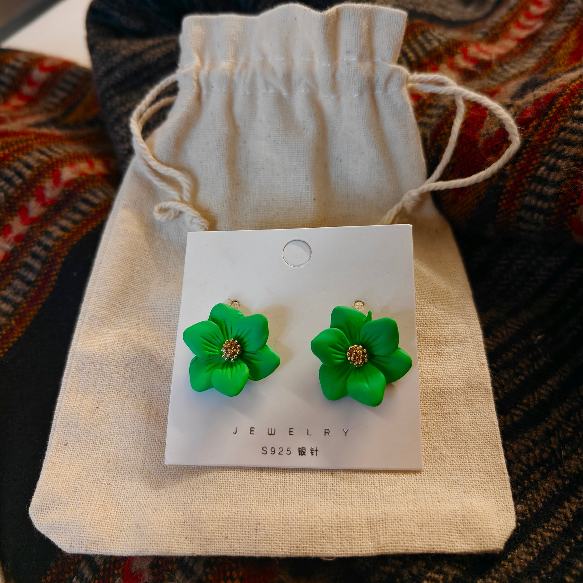 Green Zinnia Flower Stud Earrings with a jute pouch